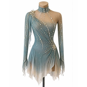 Figure Skating Dress Women's Ice Skating Dress Green Patchwork Open Back Stretchy Training Competition Skating Wear Classic Crystal / Rhinestone Long Sleeve Ic