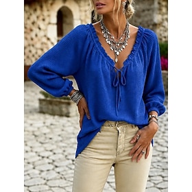 Femmes Chemise gaufrée Mode Élégant Moderne manche longue Col en V Hauts Longs Occasionnel Rose Claire Vin Bleu Ciel Vert Bleu de minuit Printemps Automne