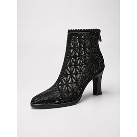 Women's Black Lace Ankle Boots with Rhinestone Embellished Mesh Upper, Pointed Toe Block Heel Dress Boots for Elegant Evening Party, Wedding  Formal Occasion W