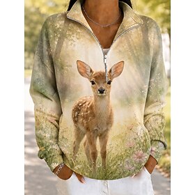 Women's Pullover Sweatshirt Floral Graphic Animal Vintage Casual Print Long Sleeve Half Zip Regular Tops Casual Home Work Yellow Purple Green Spring Fall Winte
