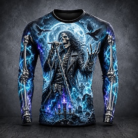 Halloween Men's Skull Skeleton Guitar T Shirt Long Sleeve T shirt 3D Print Crew Neck Shirt Fashion Exaggerated Dark Casual Daily Street Black 1 Black Black 2 S