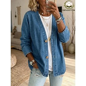 Women's Casual Jacket Comfortable Breathable Patchwork Vintage Casual Solid Color Casual Regular V Neck Regular Long Sleeve Outerwear Blue Light Blue Black Sum