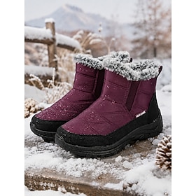Women's Color Block Waterproof Winter Snow Boots with Warm Faux Fur Lining, Lightweight Cushioned Sole and Non-Slip Traction Slip-On Boots for Snow Walking, Hi