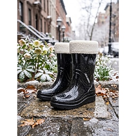 Women's Waterproof Short Rain Boots with Warm Fleece Lining and Cozy Collar, Comfortable Winter Boots for Rain Snow Garden and Outdoor Walking