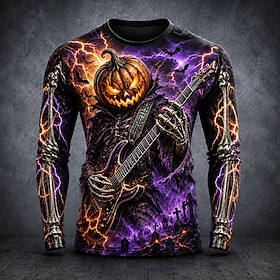 Halloween Men's Skull Skeleton Guitar T Shirt Long Sleeve T shirt 3D Print Crew Neck Shirt Fashion Exaggerated Casual Daily Street Black 1 Black Black 2 Summer