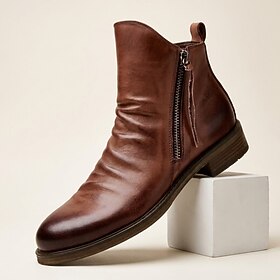 Men's Brown Casual Ankle Boots, Round-Toe Side-Zip Boots with Pleated Upper and Low Block Heel for Mature Men, Office, Travel and Everyday Wear