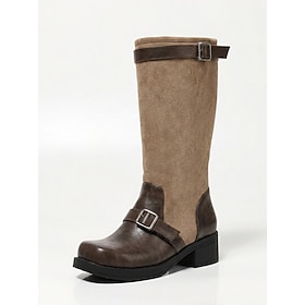Women's Brown Suede Patchwork Riding Boots - Leather Dual Buckle Low Chunky Heel Shoes for Work, Outdoor Casual Daily Wear