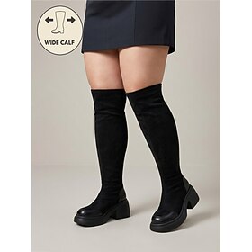 Women's Black Extra Wide Calf Over-the-Knee Boots, Wide Toe Box Stretch Tall Boots with Cap Toe, Chunky Lug Sole and Block Heel, Casual Fashion Style for Wide