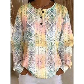 Women's Pullover Sweatshirt Print Graphic Geometric Warm Active Vintage Long Sleeve Crew Neck Regular Tops Casual Street Dailywear Light Yellow Lilac Spring Fa