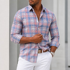 Men's Shirt Dress Shirt Button Up Shirt Plaid Casual Daily Blue Light Blue Black Red Long Sleeve Turndown All Seasons Clothing Apparel Patchwork