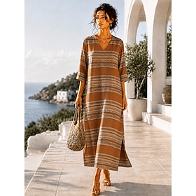 Women's Maxi Dress Boho Dress Shift Dress Sundress Beach Dress Bohemia Vacation Ethnic Beach Holiday Date Graphic Leopard Abstract 3/4 Length Sleeve V Neck Blu