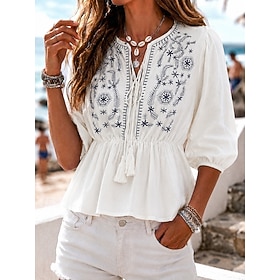 Women's 100% Cotton Casual Shirt Ruched Embroidered Floral Bohemia Vacation Stylish 3/4 Length Sleeve 3/4 Sleeve V Neck Long Tops Casual White Summer Spring