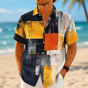 Men's Geometric Line Abstract Art Shirt Summer Shirt Button Up Shirt Short Sleeve Fashion Casual Outdoor Beach Vacation Wear Summer Spring Turndown 3D Print Bu