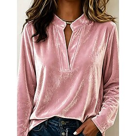 Women's Velvet Sweatshirt Plain Casual Long Sleeve V Neck Regular Tops Casual claret Navy Black Golden Pink Fall Winter