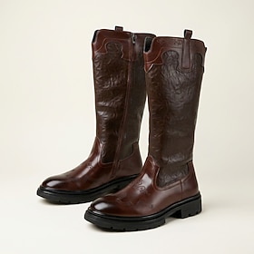 Men's Dark Brown Western Cowboy Boots, Round-Toe Knee-High Boots with Side Zipper and Rugged Lug Sole for Mature Men, Ranch Work, Country Concerts and Western