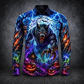 Halloween Men's Skull Wolf Shirt Button Up Shirt Long Sleeve Dark Gothic Style Streetwear Holiday Spring Fall Turndown 3D Print Collared Shirts Black 1 Black 2