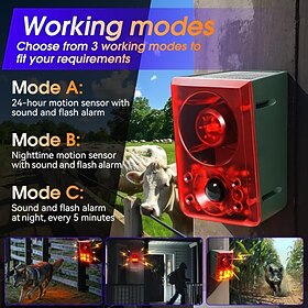 Solar Motion-Activated Animal Repeller with Red Strobe Light, 130dB Dog Barking and Gunshot Sounds, Three Detection Modes and Remote Control for Bears, Coyotes