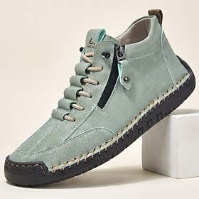 Men's Light Green High-Top Casual Shoes, Lace-Up Walking Sneakers with Side Zipper, Hand-Stitched Detail and Flexible Sole for Mature Men, Commuting, Travel an