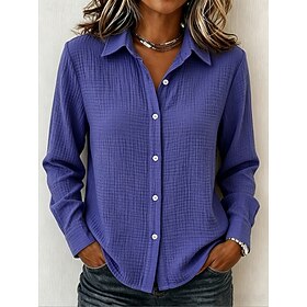 Women's 100% Cotton Button Down Shirt Texture Buttons Daily Long Sleeve Casual Black Yellow Pink Navy Blue Purple Spring, Fall, Winter, Summer