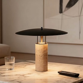 Mid-Century Modern Large Table Lamp, Natural Travertine Bedside Lamp with Matte Black Iron Shade, Organic Nightstand Lamps for Bedroom, Kid Room, Nursery, Livi
