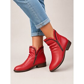 Bottines rouges élégantes pour femmes - bottines décontractées à fermeture éclair en simili cuir pour un usage quotidien