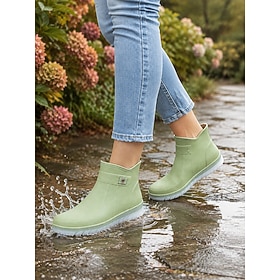 Women's Pink Waterproof Rubber Ankle Rain Boots, Lightweight Slip-On Short Rain Boots with Round Toe, Low Heel and Non-Slip Sole for Ladies' Gardening, Dog Wal