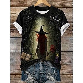 Halloween Women's T Shirt Print Graphic Witch Vintage Stylish Classic Short Sleeve Crew Neck Regular Tops Casual Daily Red Orange Green Fall Winter
