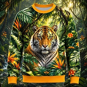 Men's Tiger Sweatshirt Casual Crew Neck Vacation Party Gift Blue Green Green 2 Crewneck 3D All Seasons Designer S M L XL XXL XXXL