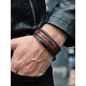 Men's Faux Leather Cross Bracelet, Black Brown Coffee Multi-Layer Braided Magnetic Clasp Wristband for Casual Wear, Travel, Church, Weekend, Parties and Everyd