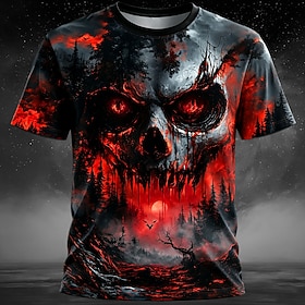 Halloween Men's Skull Optical Illusion 3D T Shirt Short Sleeve T shirt 3D Print Crew Neck Shirt Exaggerated Designer Horror Club Party Street Red Purple Orange