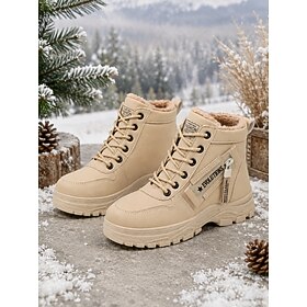 Women's Khaki Winter Ankle Boots with Warm Faux Fur Lining  Side Zipper Design, Chunky Platform Sole Comfort Lace-Up Booties for Snow Walking, Farm Wear, Outdo