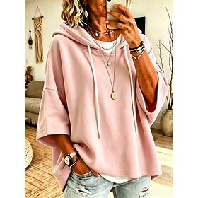 Women's Textured Pullover Hoodie Sweatshirt Plain Casual 3/4 Length Sleeve Hooded Regular Tops Casual Blue Pink Red Summer Spring Fall