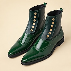 Men's Green Patent Leather Ankle Boots, Brogue Button Detail Pointed-Toe Dress Boots for Fashionable Men, Parties, Weddings and Evening Events