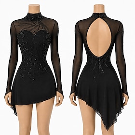 Figure Skating Dress Women's Ice Skating Dress Black Patchwork Open Back Stretchy Training Competition Skating Wear Classic Crystal / Rhinestone Long Sleeve Ic