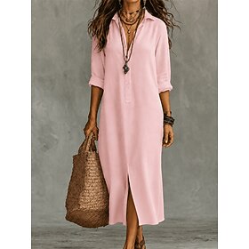 Women's Maxi Dress Cotton Linen Dress Vacation Stylish Birthday Plain Long Sleeve Lapel Blue Light Pink Black Army Green Summer Spring Fall