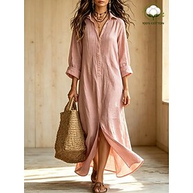 Women's Boho Elegant 100% Cotton Maxi Dress Daily Plain Long Sleeve V Neck Pink Autumn