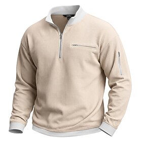 Men's Waffle T-shirt T Shirt Long Sleeve Half Zip Fall Winter Fall Solid Color Traditional / Vintage Casual Color Block Zipper Pocket Casual Home Outdoor Blue