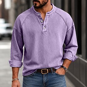 DenimTone™️Men's T Shirt Henley Shirt Cotton Acid Wash Shirt Tee Top Long Sleeve Plain Solid Vintage Streetwear Casual Washed Raglan Sleeves Stand Collar Henle
