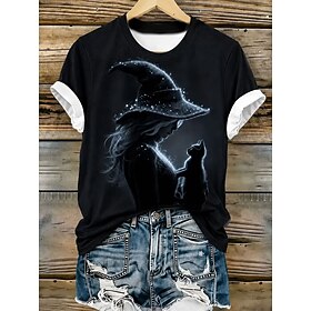 Halloween Women's T Shirt Print Graphic Witch Vintage Stylish Classic Short Sleeve Crew Neck Regular Tops Casual Daily Blue Black Green Spring Fall Winter