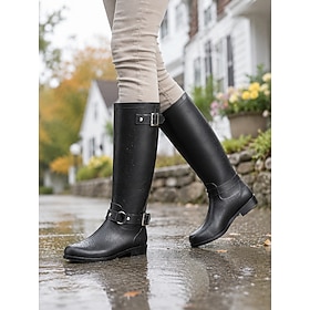 Women's Black Knee-High Rain Boots, Waterproof Buckle-Strap Riding Boots with Back Zip and Low Heel, Classic Outdoor Style for Rainy Days, Garden, Walking, Tra