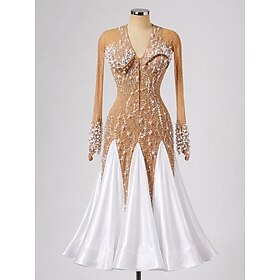 Luxury Rhinestone Pearl Embellished Ballroom Dance Dress with Sheer Long Sleeves, Nude Mesh Bodice White Flared Godet Skirt for Competition Performance