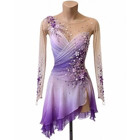 Figure Skating Dress Women's Ice Skating Dress Purple Patchwork Thumbhole Stretchy Training Competition Skating Wear Classic Crystal / Rhinestone Long Sleeve I