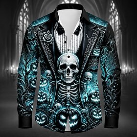 Halloween Men's Skull Rose Shirt Button Up Shirt Long Sleeve Dark Gothic Style Streetwear Holiday Spring Fall Turndown 3D Print Collared Shirts Blue Purple Ora