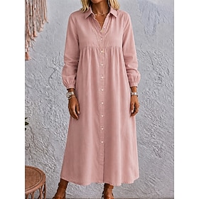 Women's Maxi Dress Shirt Dress Elegant Vacation Designer Solid Color Long Sleeve Shirt Collar Pink Red Green Light Blue Summer Spring Fall