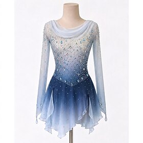Figure Skating Dress Women's Ice Skating Dress Blue Patchwork Thumbhole Stretchy Training Competition Skating Wear Classic Crystal / Rhinestone Long Sleeve Ice