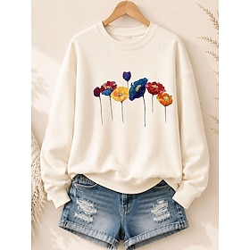 Women's 85% Cotton Sweatshirts Floral Elegant Warm Fashion Long Sleeve Crew Neck Round Neck Regular Tops Casual Blue Yellow Pink Beige Spring Fall