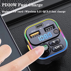 Car Bluetooth 5.3 FM Transmitter with PD 20W and QC 3.0 Fast Charging, Digital Display, Hands-Free Calling, Seven-Color RGB Light and TF Card or USB Drive Musi