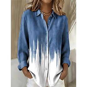 Women's Shirt Blouse Patchwork Buttons Print Graphic Geometric Plaid Vintage Tropical Daily Long Sleeve Shirt Collar Regular Tops Casual Daily White and Blue B