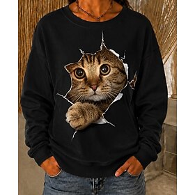 Women's Pullover Sweatshirts Print Animal Cat Active Fashion Long Sleeve Round Neck Regular Tops Casual Home Street White Black Pink Spring Fall Winter