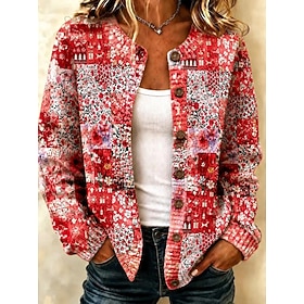 Women's Cardigan Vacation Vintage Fashion Floral Ribbed Crew Neck Buttons Print Long Sleeve Long Tops Knit Daily Outdoor Date Blue Red Fall Winter